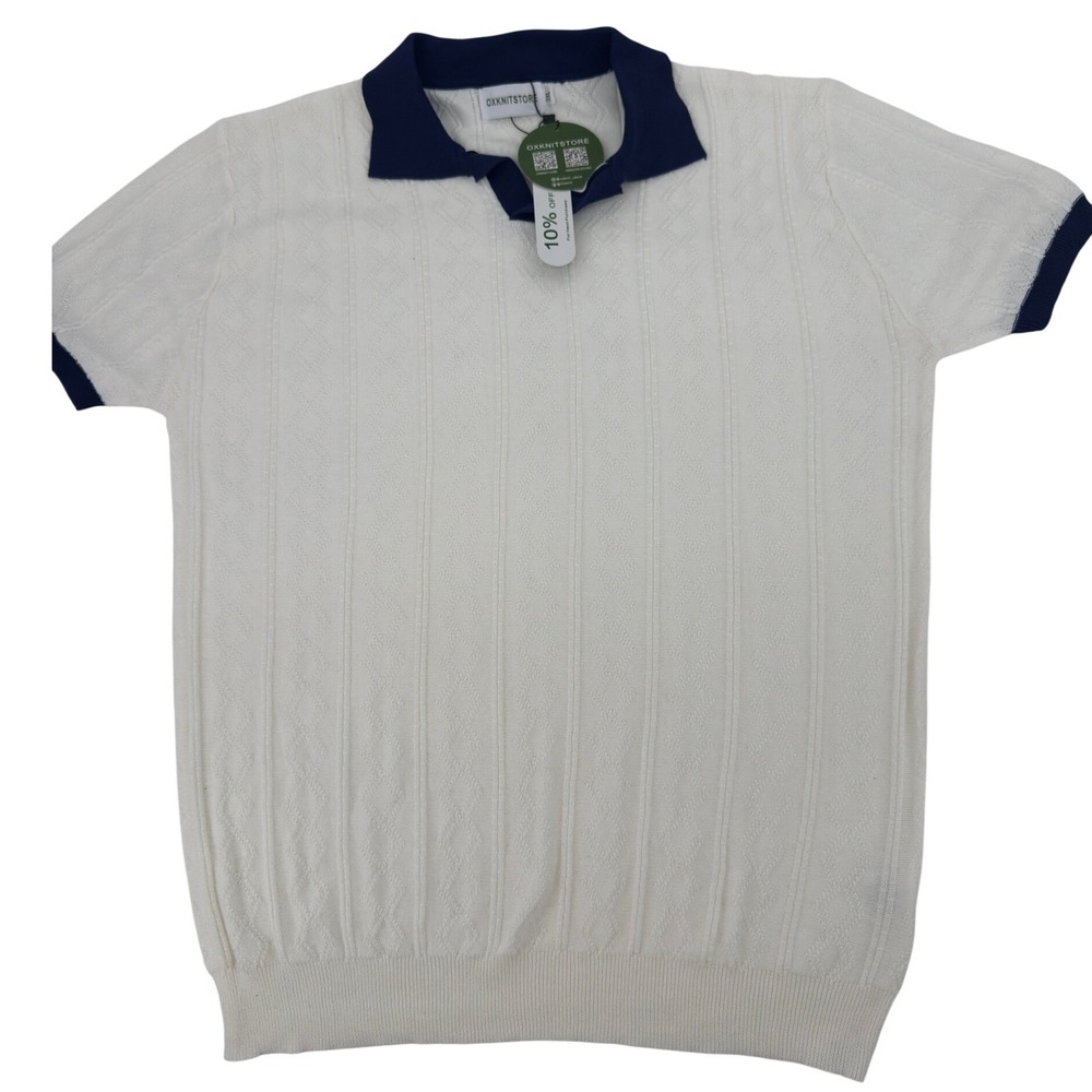 OXKNITSTORE Knit Polo Mens 3XL New White Navy Retro 60s 70s Textured Mod‎ Shirt